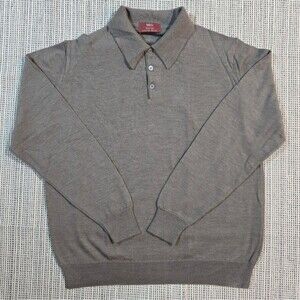Marks & Spencer Mens Taupe Gray Merino Wool Extra Fine Collared Henley Sweater L